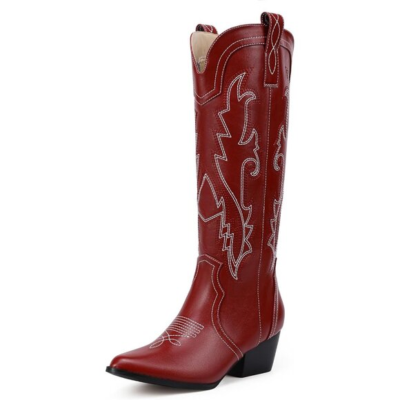 Women's Red Cowgirl Knee High Western Tall Boot Chunky Low Pointed Toe Booties - Picture 1 of 6